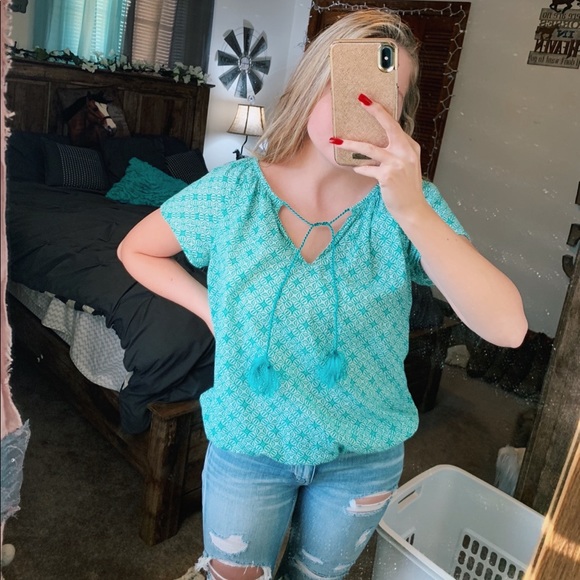 Banana Republic Tops - Banana Republic // Turquoise Green Tassel Blouse